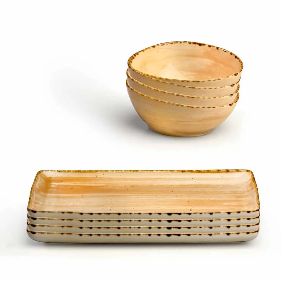 Uppsättning av 8 moderna rektangulära designplattor och färgad stengodsskål - Simba Viadurini