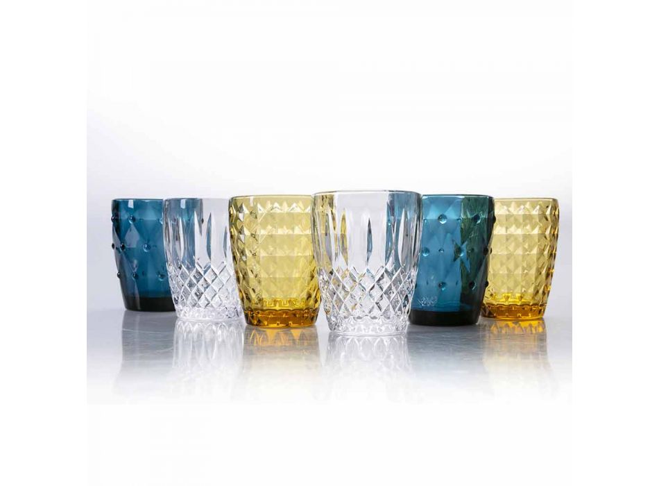 Vattenglas service i färgat glas och lättnad dekoration 12 stycken - ilska Viadurini