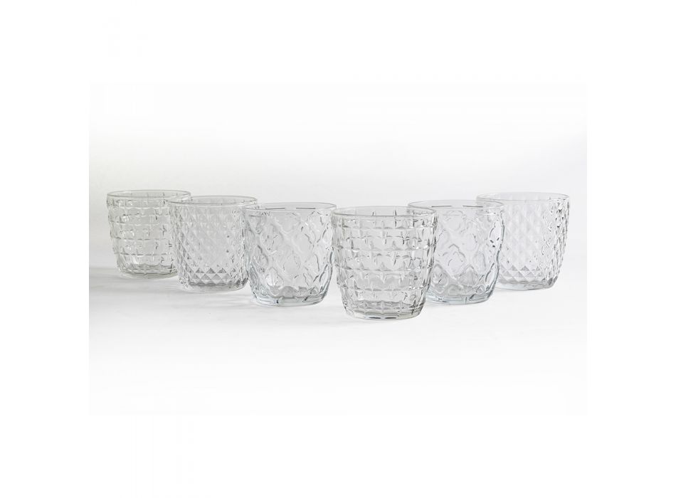 Vattenglasögon Service i genomskinligt glas och dekoration 12 delar - Omoge Viadurini