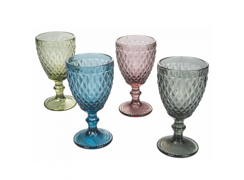 Bägarset i färgat och snidat glas med dekorationer 12 delar - Brillo Viadurini