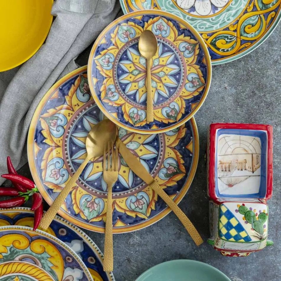 Tortoise Effect Satin Gold Steel Bestick Set 24 Pieces - Rock Viadurini