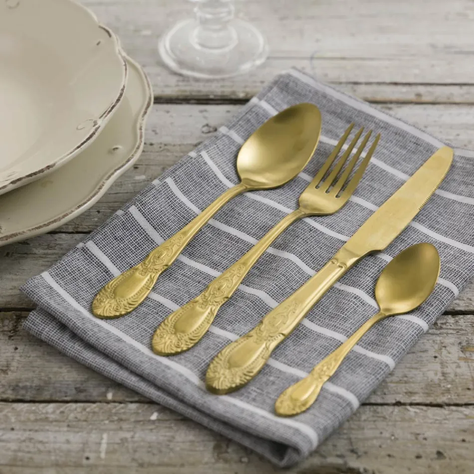 Bestickset i svart eller guld satinstål komplett 24 delar - Fantasy Viadurini