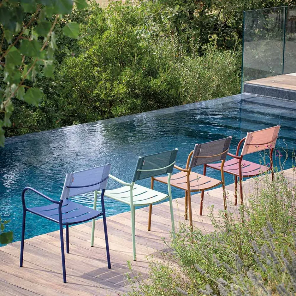 Uppsättning med 4 trädgårdsstolar i galvaniserad metall och batyline - Prestigio Viadurini