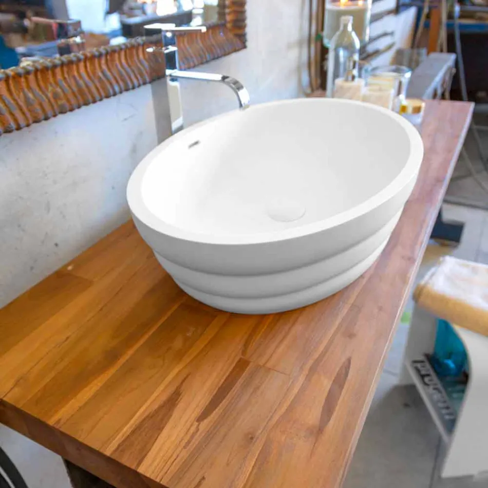 Set av upphängda designmöbler för badrum i teak blockboard Poggio Viadurini