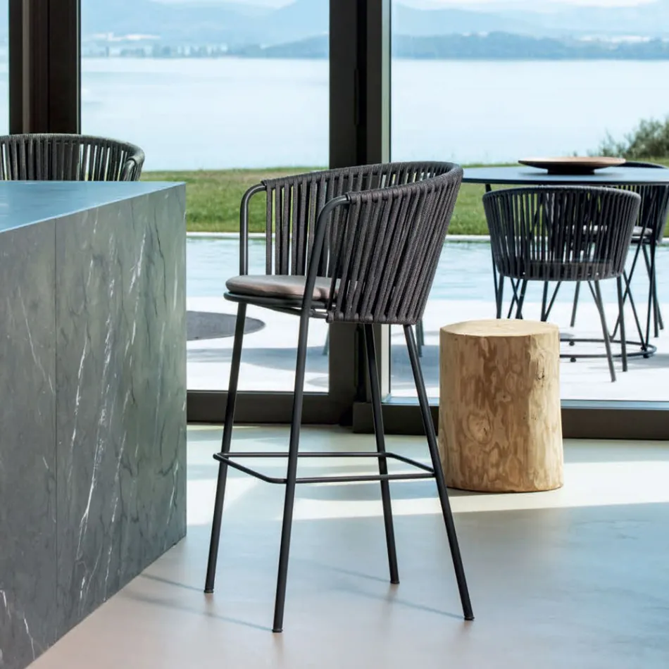 Utomhusbarstol i galvaniserat stål och rep Tillverkad i Italien - Bronn Viadurini