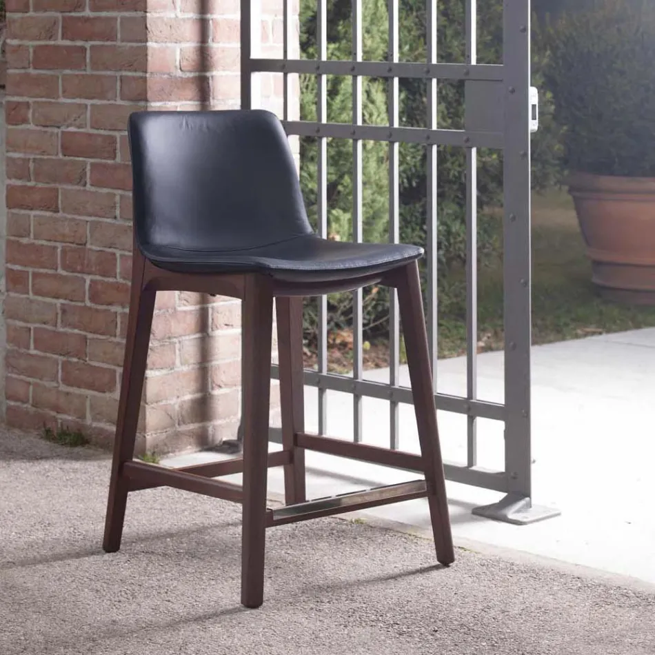 Fast design kökspall i läder och trä Tillverkad i Italien - Rocco Viadurini