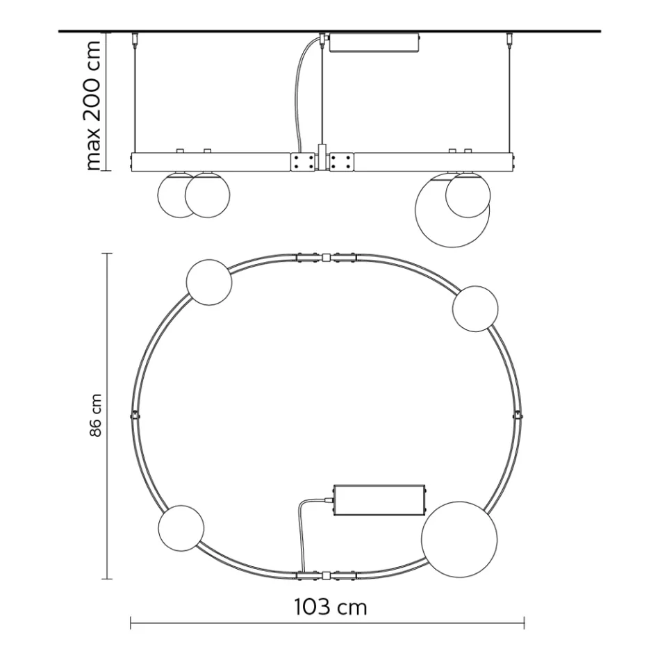 Oval designupphängning i svart aluminium med sfärer och spotlights - Exodus Viadurini