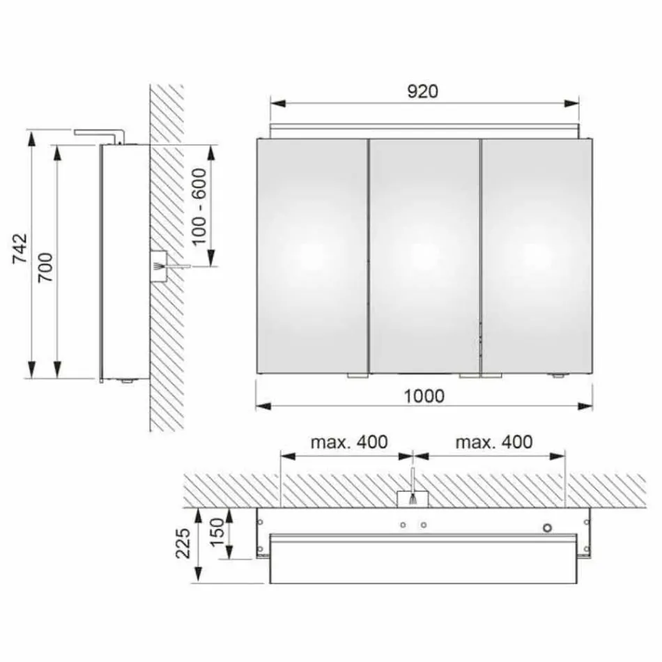 Modern 3-dörrars väggskåpsspegel med invändiga hyllor - Bramo Viadurini