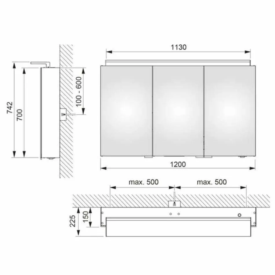 Modern 3-dörrars väggskåpsspegel med invändiga hyllor - Bramo Viadurini