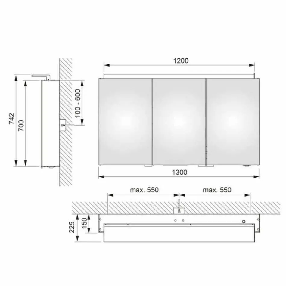 Modern 3-dörrars väggskåpsspegel med invändiga hyllor - Bramo Viadurini
