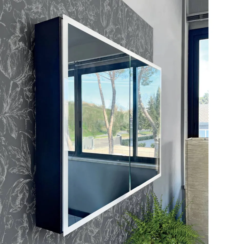 Träspegelbehållare med dubbelspegel och lampor Made in Italy - Darwin Viadurini