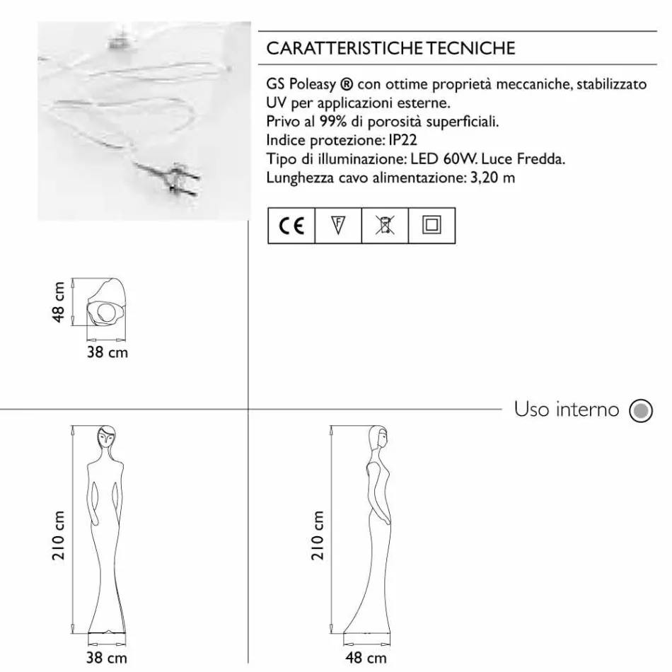 Luminous Statue Floor Design med Led Light för inomhus - Penelope av Myyour Viadurini