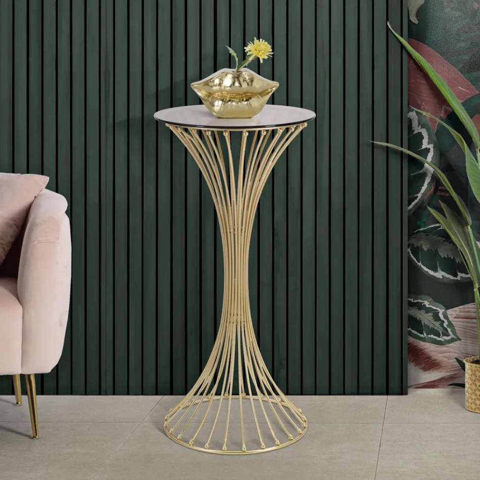 Runt högt soffbord i guldjärn med sfärer och rökt glasskiva - Dexter Viadurini