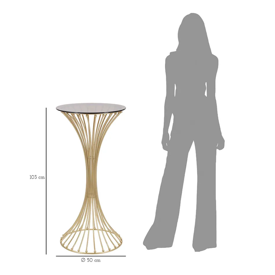 Runt högt soffbord i guldjärn med sfärer och rökt glasskiva - Dexter Viadurini