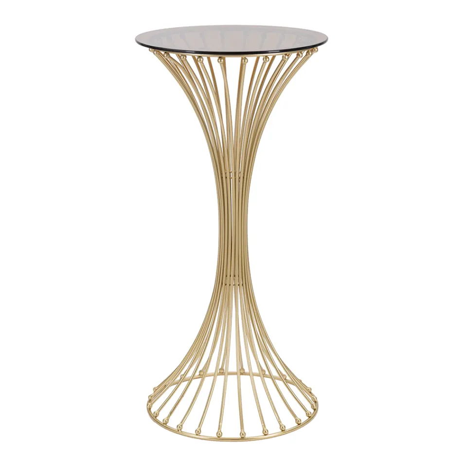 Runt högt soffbord i guldjärn med sfärer och rökt glasskiva - Dexter Viadurini