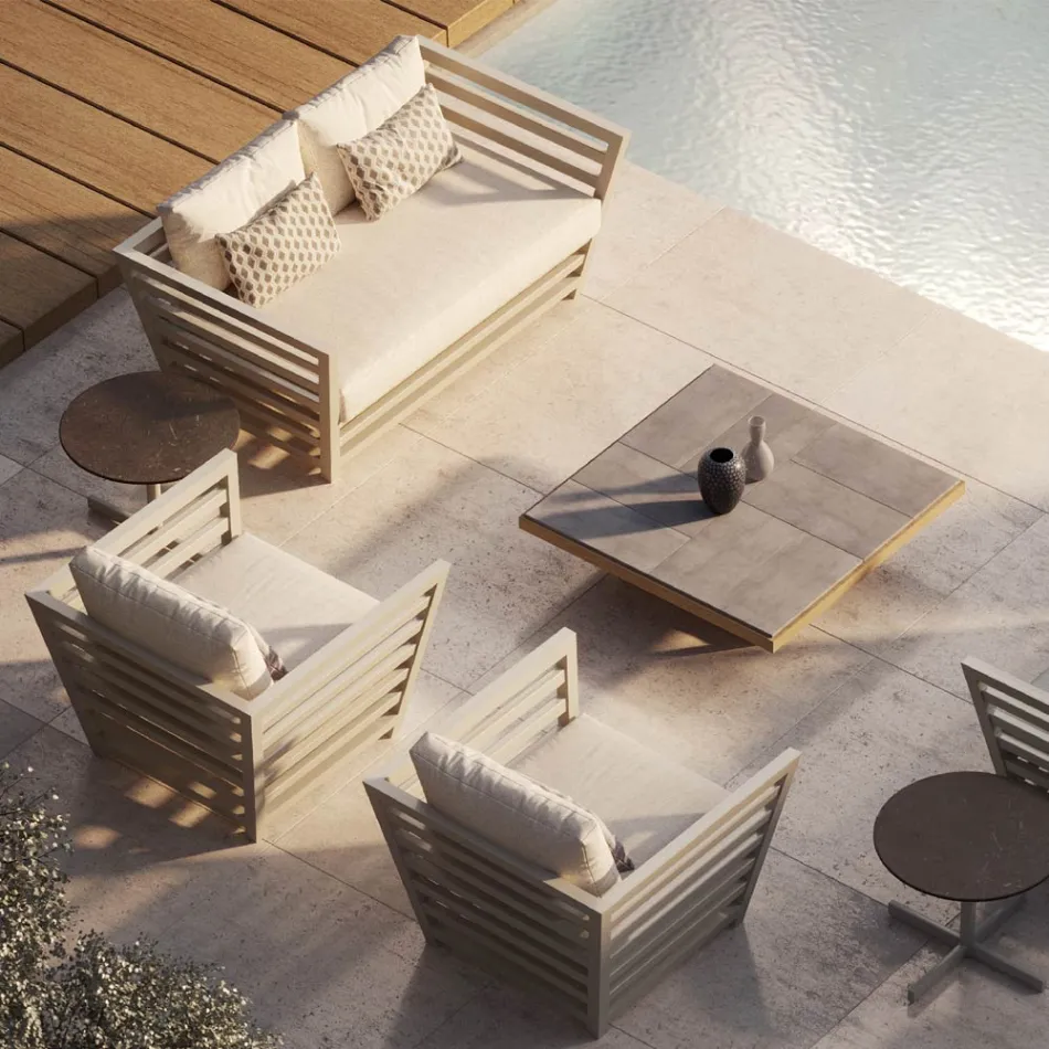 Lågt trädgårdssoffbord med skiva i stengods tillverkat i Italien - Bresson Viadurini