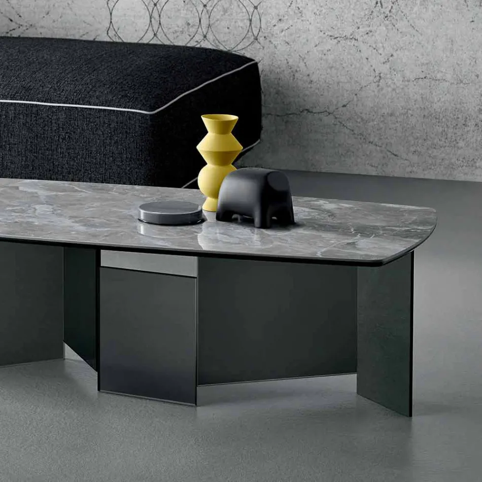 Lågt soffbord Vardagsrum Keramisk topp och ben av rökt glas 3 storlekar - slumpmässigt Viadurini