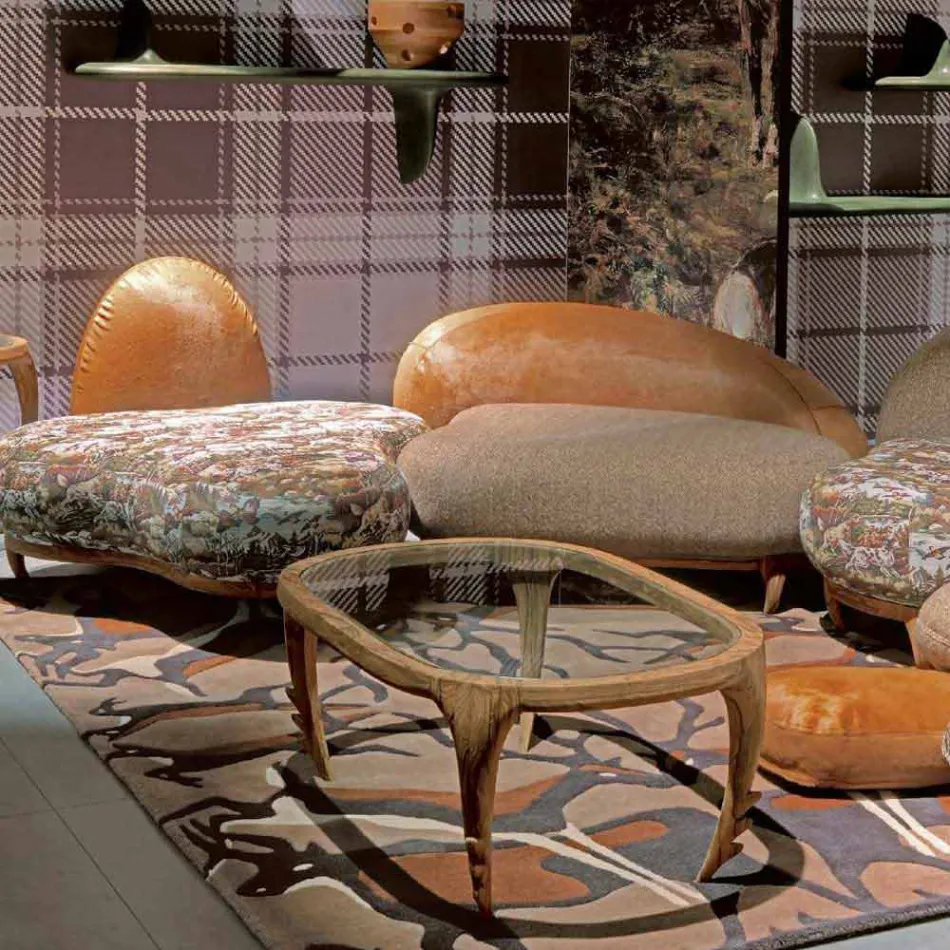 Soffbord i trä och läderdesign cocktails, l.97xp.68 cm, Cecilia Viadurini