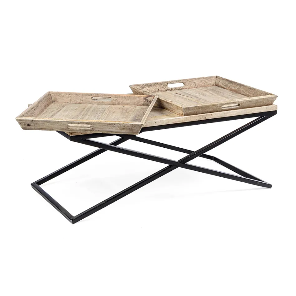 Soffbord i stål med bricka i Mangoträ Design - Cesira Viadurini