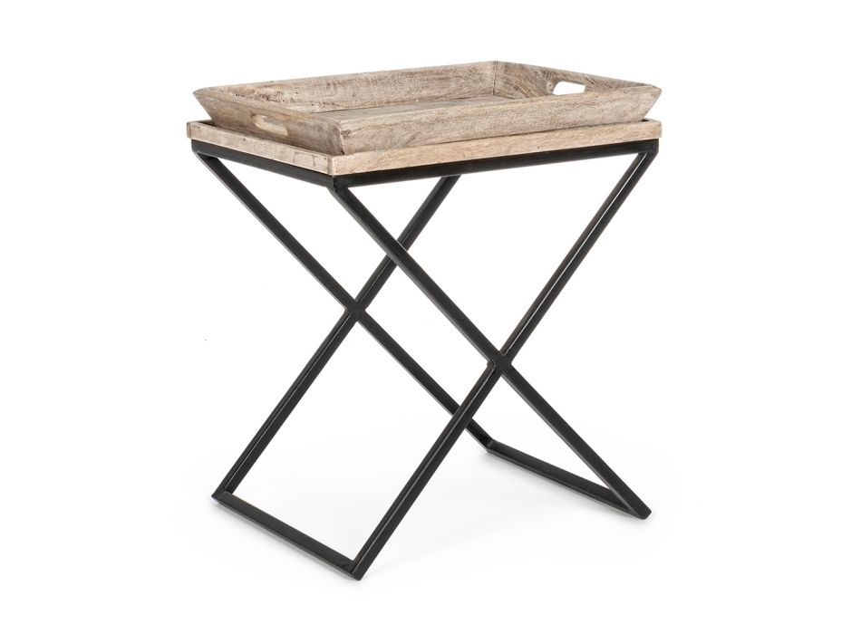 Soffbord i stål med bricka i Mangoträ Design - Cesira Viadurini