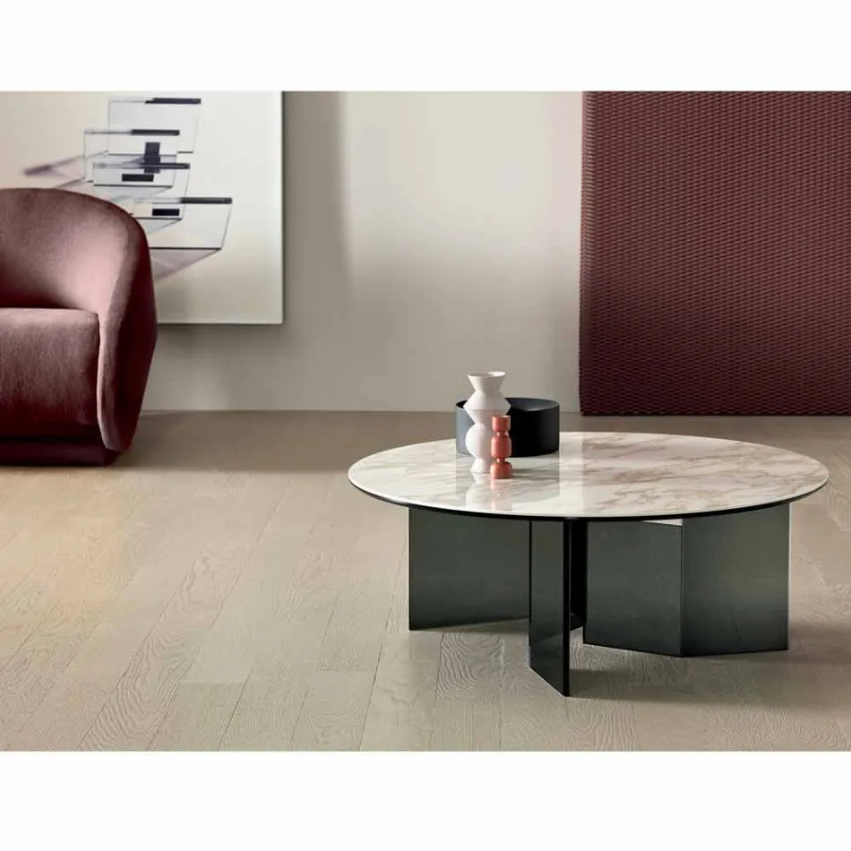 Runt soffbord med keramisk topp och rökt glasben - slumpmässigt Viadurini