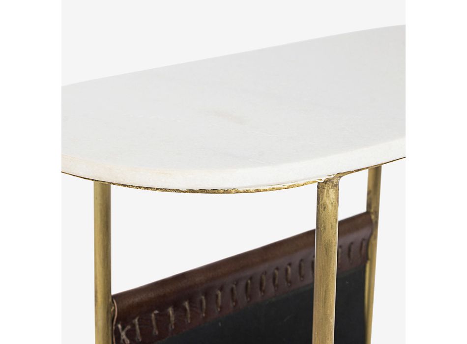 Soffbord i stål och marmor med lädertidningsställ - Aretone Viadurini