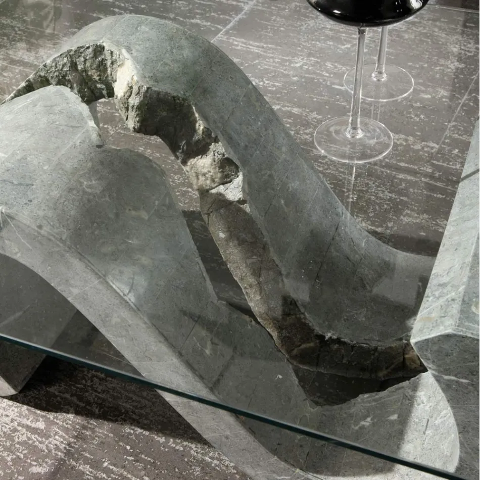 Soffbord i härdat glas med Fossil Stone Base - Jordan Viadurini