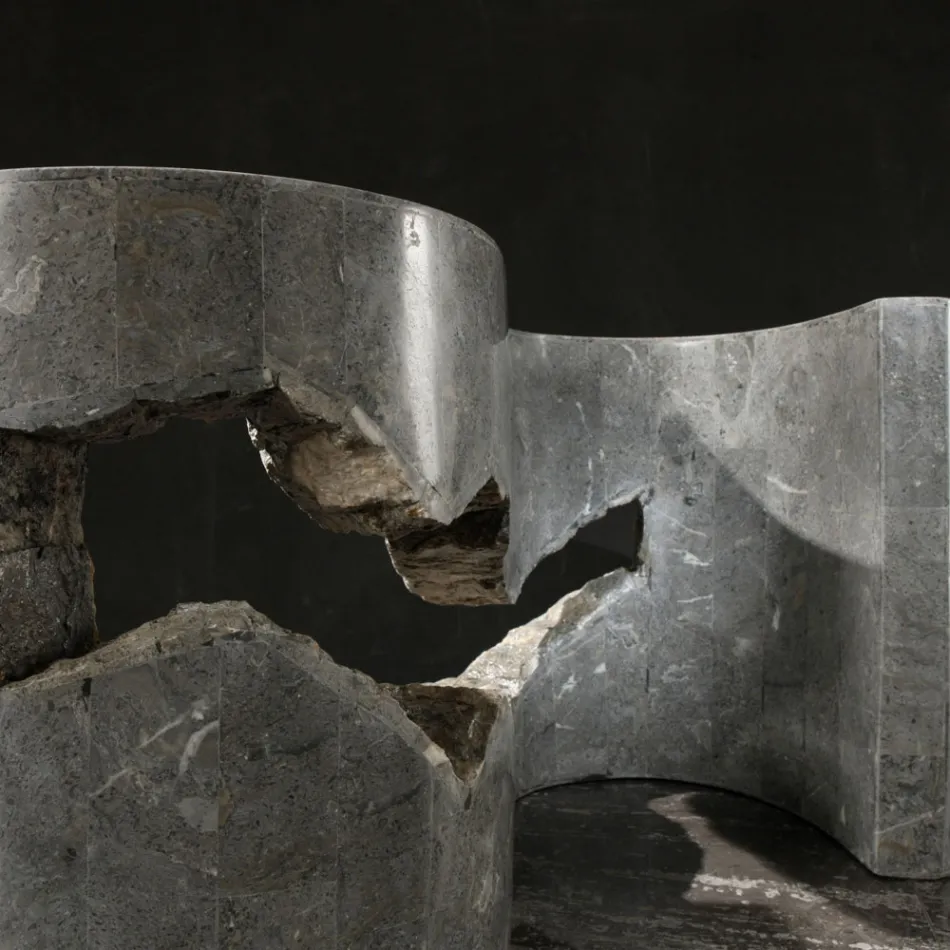 Soffbord i härdat glas med Fossil Stone Base - Jordan Viadurini