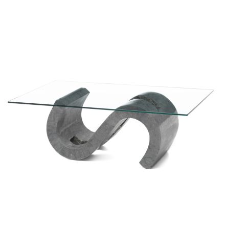 Soffbord i härdat glas med Fossil Stone Base - Jordan Viadurini