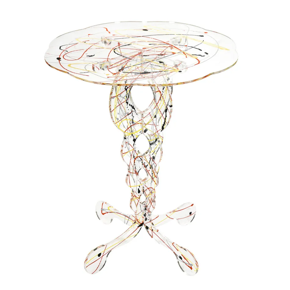 Runt genomskinligt soffbord i plexiglas och färgad skiva - Fosfor Viadurini