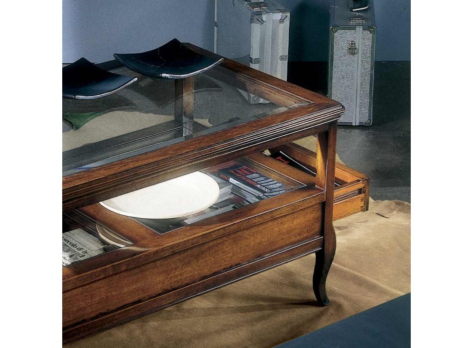 Soffbord i vardagsrum med glasskiva och 2 lådor Made in Italy - Xipe Viadurini