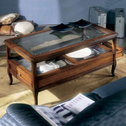 Soffbord i vardagsrummet med glasskiva och 2 lådor Made in Italy - Xipe Viadurini