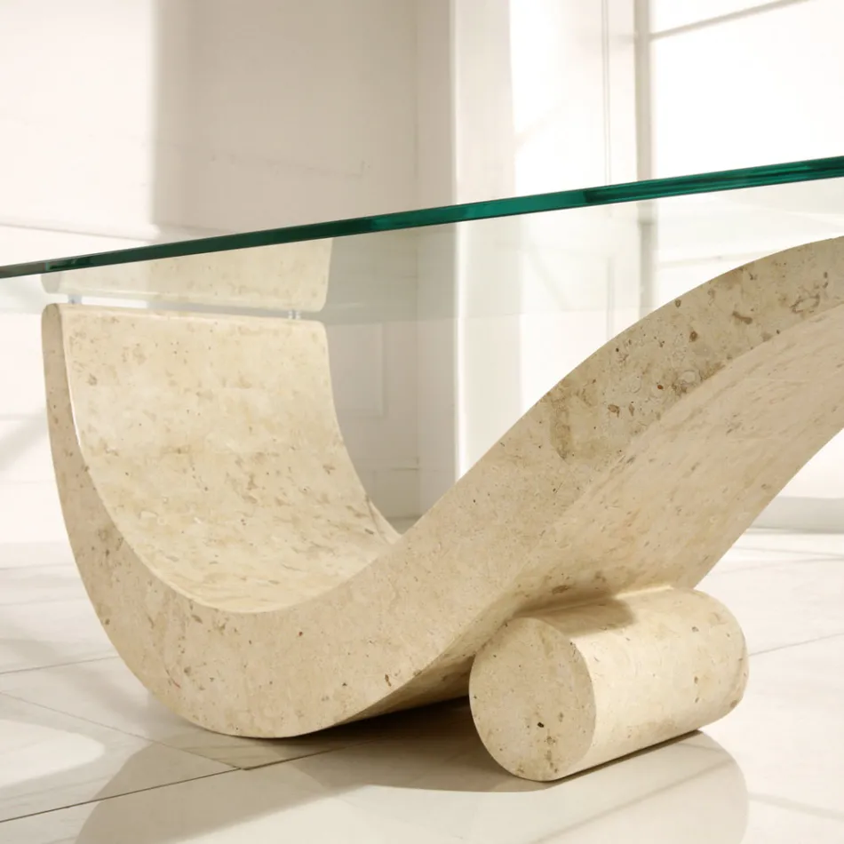 Modern design soffbord med glasskiva och Fossil Stone Base - Refill Viadurini