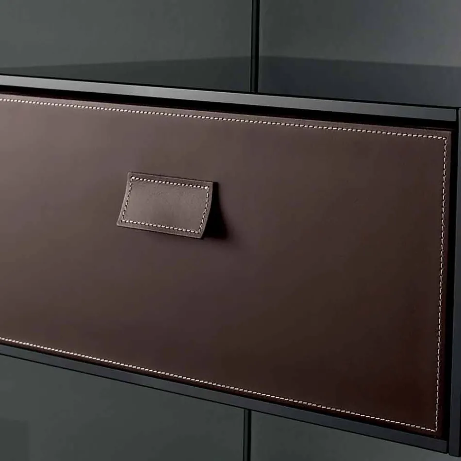 Soffbord eller sängbord i rökt glas med läderlåda - Linzy Viadurini