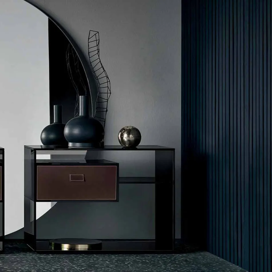 Soffbord eller sängbord i rökt glas med läderlåda - Linzy Viadurini