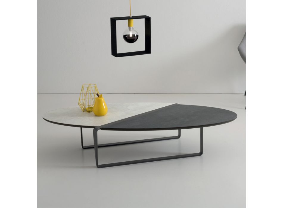 Ovalt vardagsrum i metall Soffbord och tvåfärgad keramisk skiva - Comacchio Viadurini