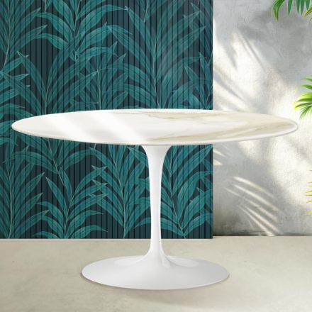 Saarinen Tulip ovalt soffbord H 41 cm i glansigt Calacatta guld Florim keramik - Scharlakansröd Viadurini