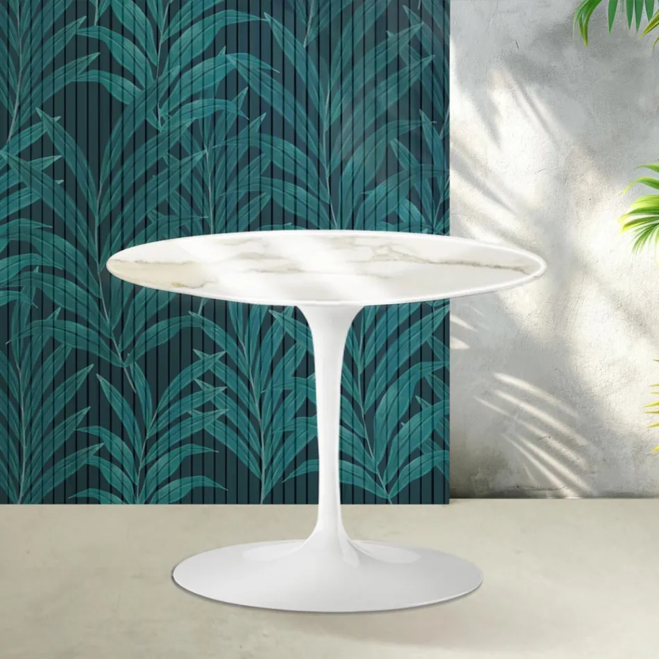 Saarinen Tulip runt soffbord H 41 cm i Florim Calacatta guldblank keramik - Scharlakansröd Viadurini