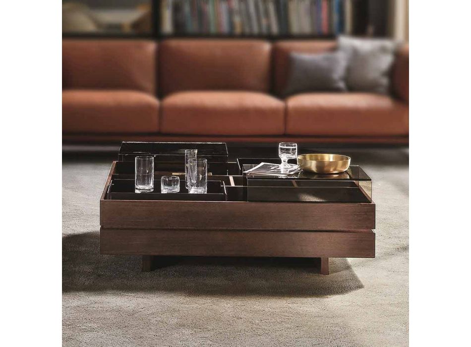 Soffbord i trä med detaljer i glas och läder Tillverkad i Italien - Ermano Viadurini