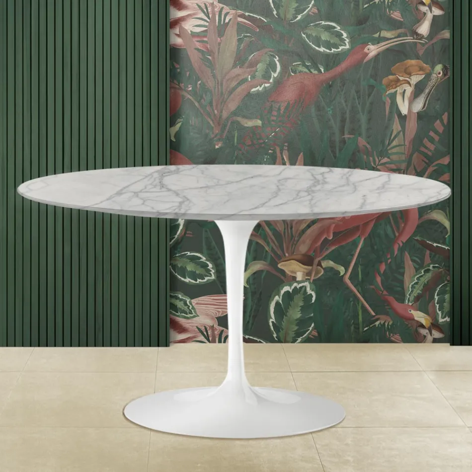 Tulpan soffbord Eero Saarinen H 41 med oval skiva i Carrara Statuarietto marmor Viadurini