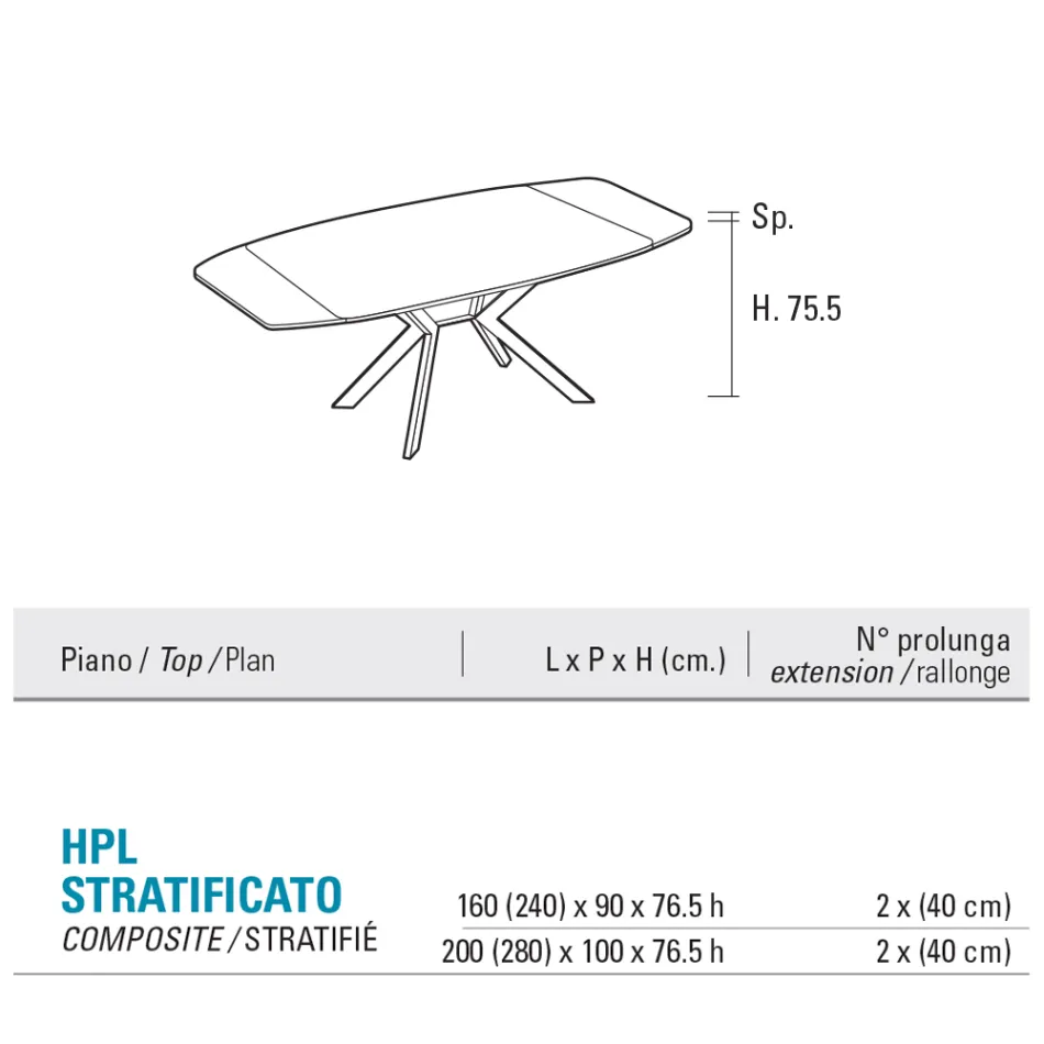 Utdragbart fatbord till 240 eller 280 cm i HPL och metall - Present Viadurini