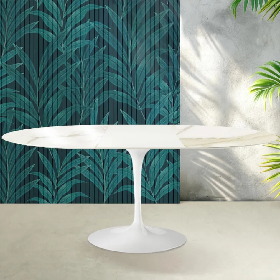 Saarinen Tulip utdragbart bord H 74 cm i Florim Calacatta guldblank keramik - Scharlakansröd Viadurini