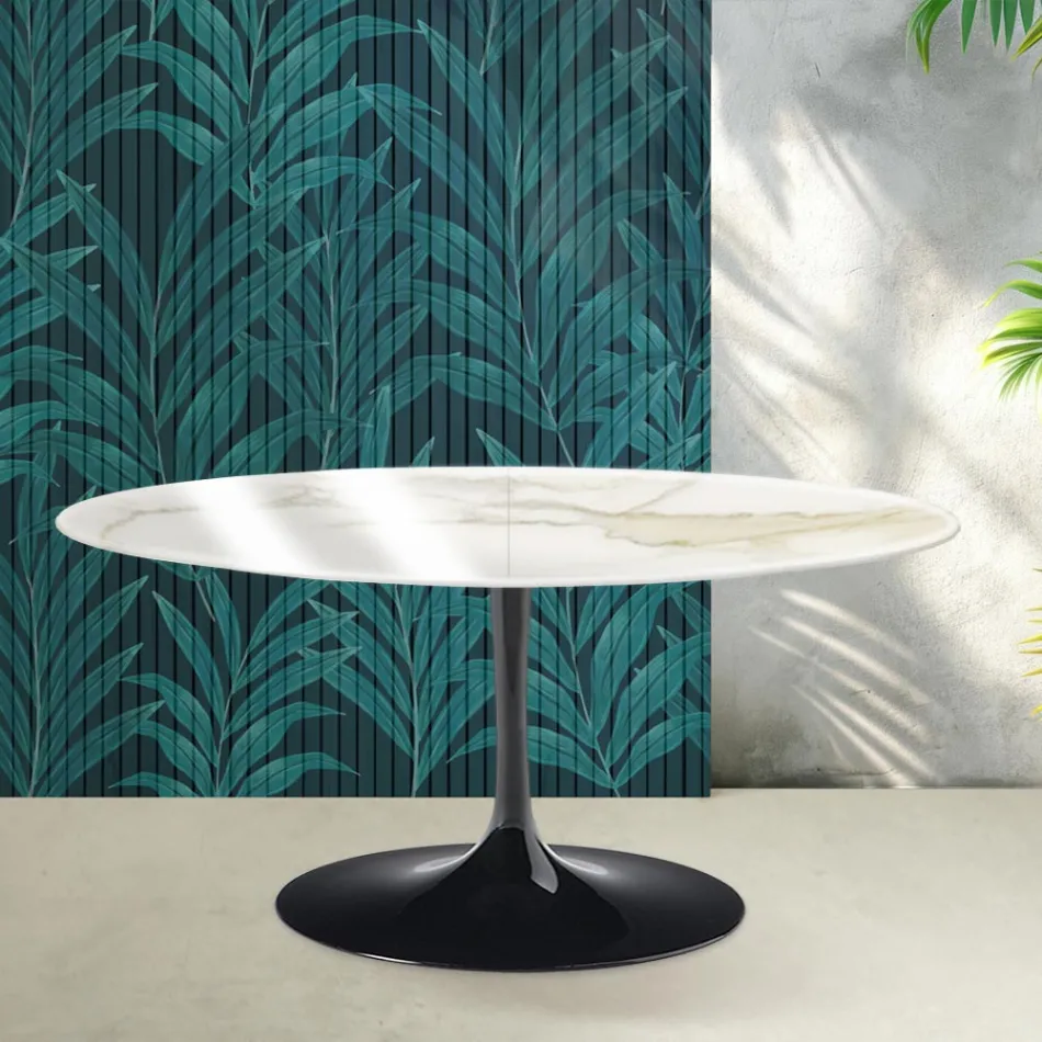 Saarinen Tulip utdragbart bord H 74 cm i Florim Calacatta guldblank keramik - Scharlakansröd Viadurini