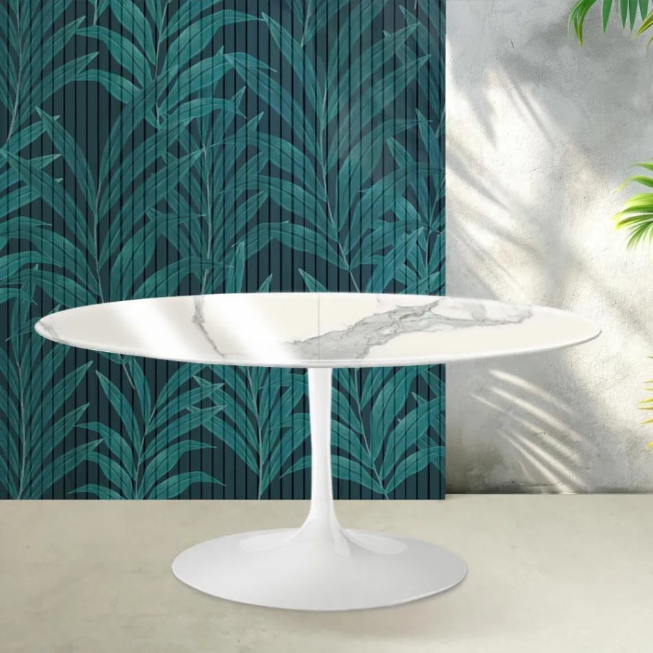 Saarinen Tulip utdragbart bord H 74 cm i glansig Statuario Florim keramik - Scharlakansröd Viadurini