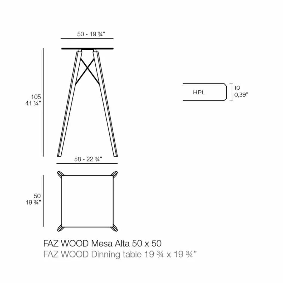Fyrkantigt designstångbord i trä och Hpl, 4 stycken - Faz Wood av Vondom Viadurini