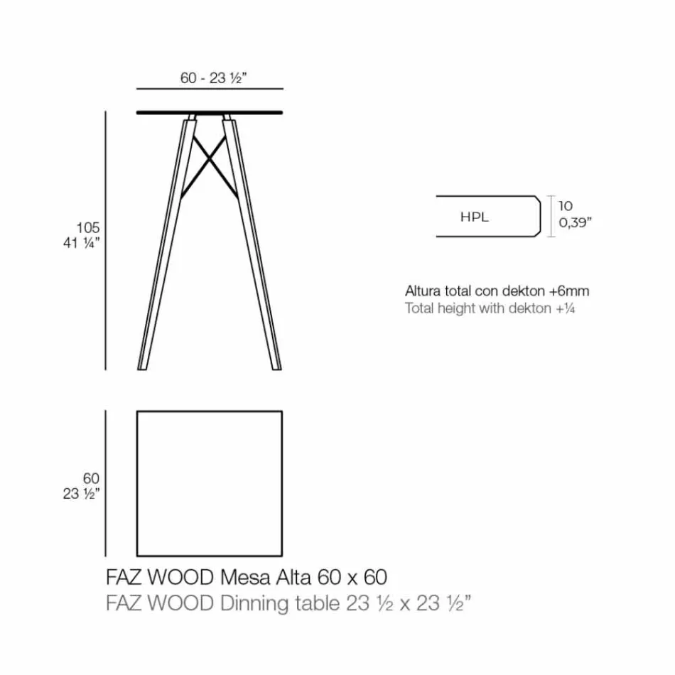 Fyrkantigt designstångbord i trä och Hpl, 4 stycken - Faz Wood av Vondom Viadurini