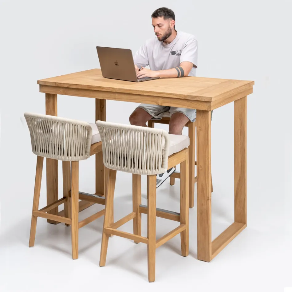 Högt barbord tillverkat av borstad naturlig teak - Sponda Viadurini