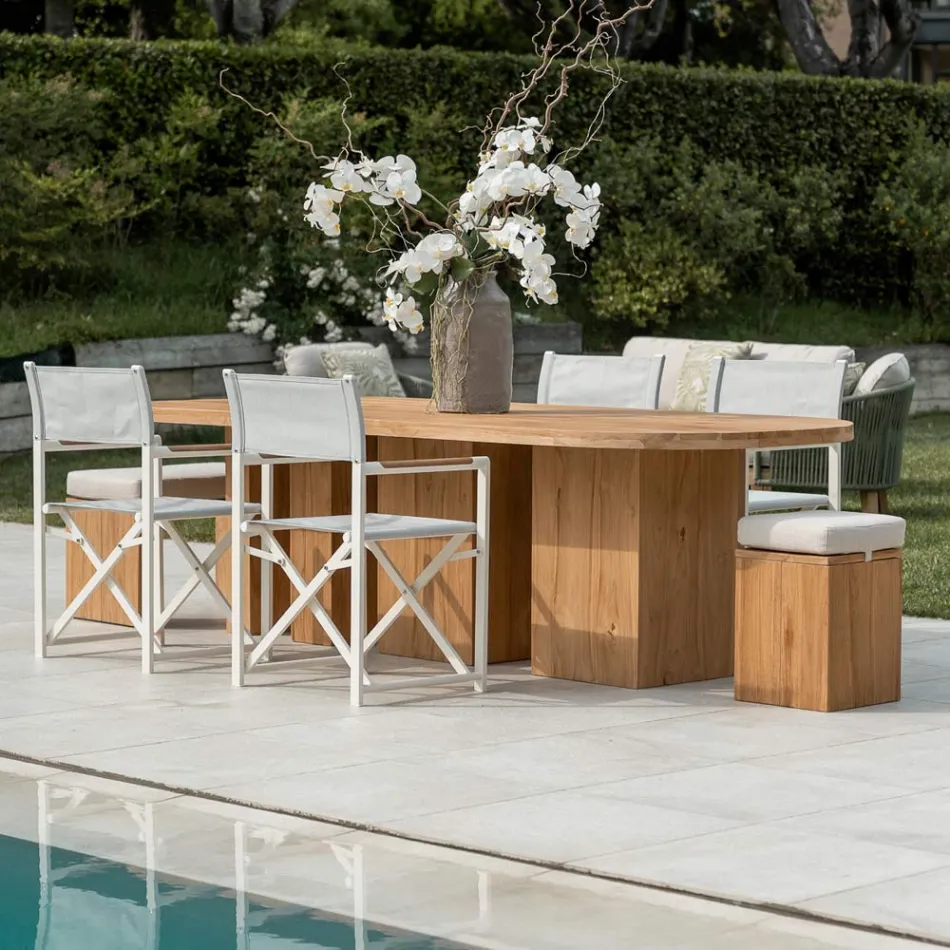 Bord med borstad teakskiva och rundade hörn - Destination Viadurini