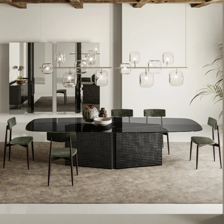 Bord med formad glasskiva och smält glas och metallunderrede - Foglietto Viadurini