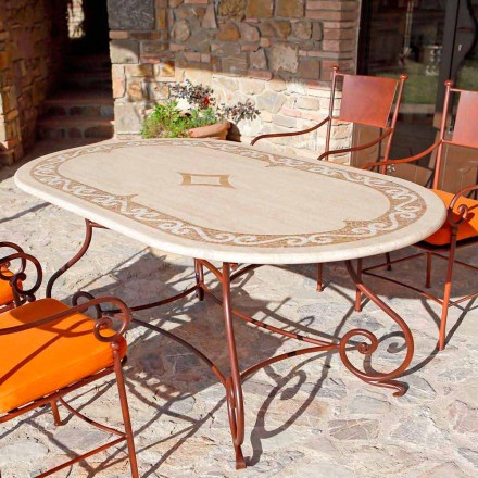 Travertin utomhusbord med mosaikinsatser tillverkade i Italien - elegant Viadurini